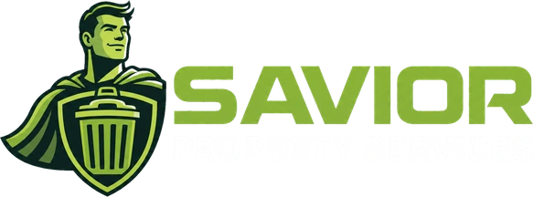 Savior Property Services — green superhero holding a garbage bin